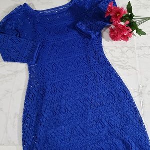 Express Blue bodycon short lace ¾ sleeve dress